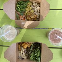 Top Bowl: The Don, Bottom Bowl: Top Shotta, Left smoothie: Soursop, Right Smoothie: The Princess.  at Irie Green in Gloucester