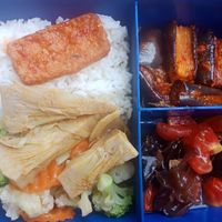 Mock meat, gulai jackfruit, stir fry veggies, tomato and mushroom, sambal eggplant at Alok Vegetarian in Jakarta