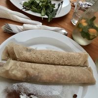 Savoury burito pancake and sweet pancakes with jam at Funki Punki in Bratislava
