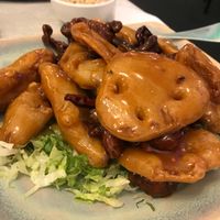 Three treasure. Lotus root, eggplant and crispy black mushrooms  at The Vegetable Garden in Silver Spring