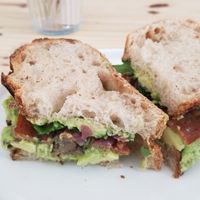 Sandwich (veg bacon, avocado, mushroom, onion, rocket) at NEØ Coffee House in Barcelona