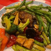 Heaping plate featuring String Beans Szechuan, Vegetable Delight,  Kung Pao Tofu, Carved and Curled Shitake Mushrooms.  at Yuan Fu in Rockville