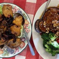 Triple delight and crispy beef and broccoli w/walnuts  #Veganuary at Yuan Fu in Rockville