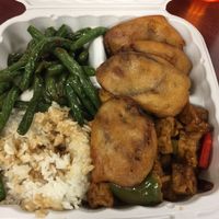 fried eggplant, green beans, rice, tofu with peppers at Yuan Fu in Rockville