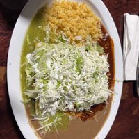 One mushroom, one cactus, one poblano enchilada with a taste of both of sauces. Unbelievably delicious.   at SoyMexican in Las Vegas