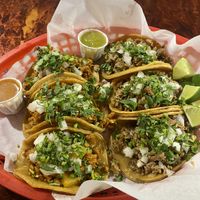 6 tacos. Al pastor on left, asada on right  at SoyMexican in Las Vegas