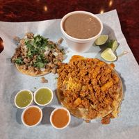 Vegan taco de guisado, taco asada e  side beans. at SoyMexican in Las Vegas