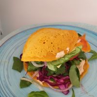 Red lentil pan cakes, red cabbage salad vegan Burger at Vegantisch  in Alicante