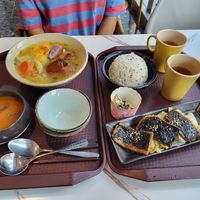 R1 Soup Ramen with Vegan Egg and Stew Loaf. Soup of thr day (tomato). Rice meal of the day (with vegetables and vegan eel). Some extra desserts and tea. Delicious!  ~130 HKD. at Loving Hut 愛家 - Tseuk Luk in Kowloon