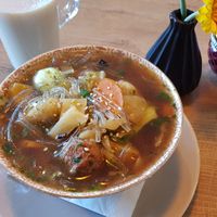 Huitsai (glass noodle soup in spice broth with "meat" balls) at Veganaa in Berlin