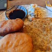 Horrible Mongolian and Russian fried things with frozen potato salad at Veganaa in Berlin