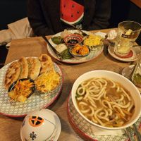 Udon soup and plates of fried and steamed dumplings. at Veganaa in Berlin