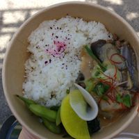 Bento with mainly eggplants, edamame and seaweed at Mori Cafe in Paris