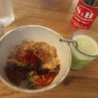 Tantanmen soup and iced matcha latte, the ramen broth is sooo good!! at Mori Cafe in Paris