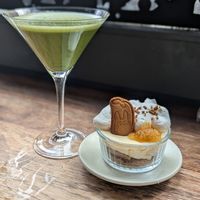 Matcha martini and deconstructed Yuzu cake at Mori Cafe in Paris