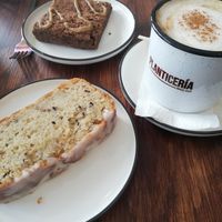 Lemon cake, brownie, oatmylk cappucchino at Planticeria in Panama City