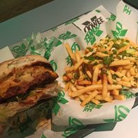 The big Oovee plus garlic butter fries at Oowee Vegan in North London