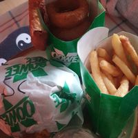 Meal deal fries, onion rings and garlic mayo at Oowee Vegan in North London
