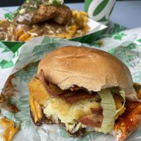 Double Cheese Burger plus Hash Brown and Bacon at Oowee Vegan in North London