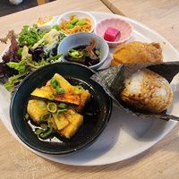 Onigiri plate with agedashi tofu at Comeco Foods in Newtown