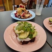 Avocado sandwich and banana yoghurt with peanut butter granola. at À la Lo in Stockholm