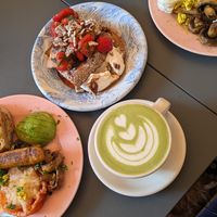 Brunch plate, pain perdu, toast à la Lo, Matcha latte at À la Lo in Stockholm