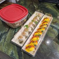 Spicy mango, kimchi and other rolls in my own container. at WholeLifeGo in Calgary