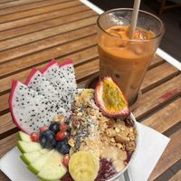 Acai bowl and Thai tea with oat milk  at Yellow Lane Cafe in Bangkok