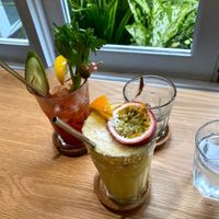 Mango/passionfruit smoothie. Fresh blended mangos and passionfruit juice make a super refreshing combination.  at Yellow Lane Cafe in Bangkok