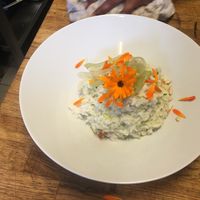 Nutty dream risotto with edible flowers! at Hverdagen in Copenhagen