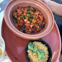 Tajine with eggplant and chickpea's and couscous on the side.  at Stelleplas in Heinkenszand