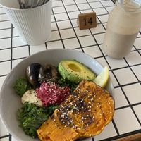 Nourish bowl with roasted pumpkin, mushrooms, greens, avocado and hummus. Yummy   at Papaya in Lennox Head