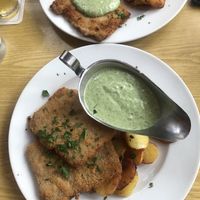 Veganes Schnitzel mit Frankfurter grüner Soße und Bratkartoffeln   at Zum Eichkatzerl in Frankfurt