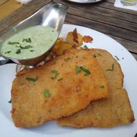 Vegan Schnitzel (made from soy) with potatoes and green sauce at Zum Eichkatzerl in Frankfurt