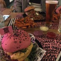 Burgers, sauces, beers and sweet potato fries  at Vegan Junk Food Bar - El Born in Barcelona