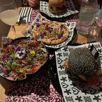 Trueffle Pizza, shawarma loaded fries, rib burger and dontremembertheothername at Vegan Junk Food Bar - El Born in Barcelona