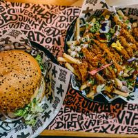 rainbow fries and the McCruelty free at Vegan Junk Food Bar - El Born in Barcelona