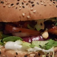 Rib burger exhibit two at Vegan Junk Food Bar - El Born in Barcelona