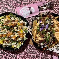 Ribs and fries on top, Shrimp Caesar on bottom   at Vegan Junk Food Bar - El Born in Barcelona