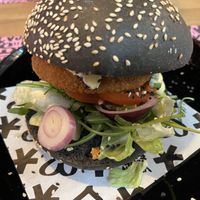Burger with „croquette"  at Vegan Junk Food Bar - El Born in Barcelona