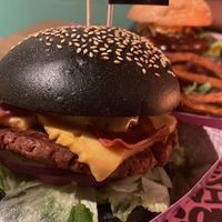 Royal smash burger and sweet potato fries   at Vegan Junk Food Bar - El Born in Barcelona