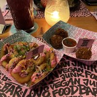 Onion Ringz and Crunchy Pnut Thai Chik’n Betterballs  at Vegan Junk Food Bar - El Born in Barcelona