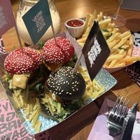 Mini burgers and fries (I don’t recommend mini burgers if you want a full meal)   at Vegan Junk Food Bar - El Born in Barcelona