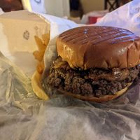 Consistently good and filling vegan burger with vegan cheese, mushrooms, and onions. at Pepitos Burgers and Shakes  in North Miami Beach