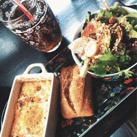 oeuf cocotte (baked eggs) made from tofu, salad and ice tea  at La Bohème in Saintes-maries-de-la-mer