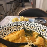Tomato and carrot soup ramen + cauliflower tempura  at Soulmate Ramen 素味謀麵 in Hong Kong Island