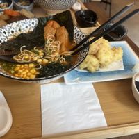 Tomato + carrot soup ramen & cauliflower tempuraa  at Soulmate Ramen 素味謀麵 in Hong Kong Island