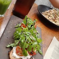 Delicious green juice, almond cheese bruschetta and raw pad Thai! at Mother in Fremantle