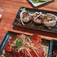Kimchi pancakes, edamame & mushroom aburi. at Zero Fox in Teneriffe