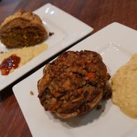 Delicious Vegan Lentil Pie (front) and Vegan Veggie Roll at Habebes Cafe in Queenstown